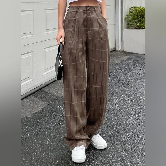 Shein Pants & Jumpsuits | Dazy High Waist Plaid Plicated Detail Tailored Pants | Color: Brown | Size: L | Vanessazep's Closet